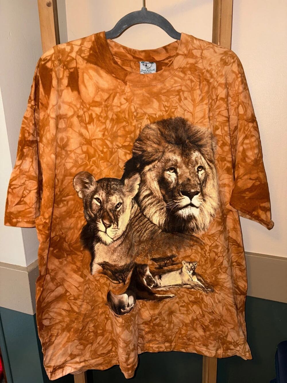 Vintage Back To Earth Tie Dye Lion Print Brown Short Sleeve Shirt Adult Sz 2XL